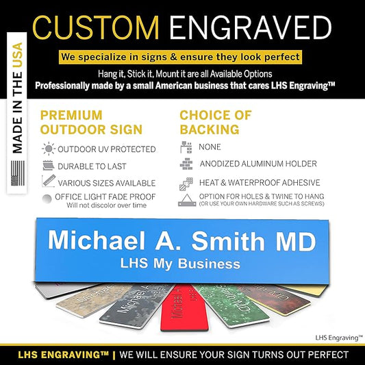 Custom Name Plate with Choice of Mounting for Walls, Doors, Desk Holders, Cubicles, Hanging and More - Personalized Light Blue Plastic White Letters - USA Made 2x8 - B1