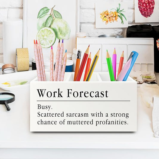 XPH Funny Pen Pencil Holder Organizer for Desk, Funny Coworkers Gifts for Women, Office Humor Gifts, Work Forecast Wooden Box Sign for Home Office Desk Tabletop Decorations