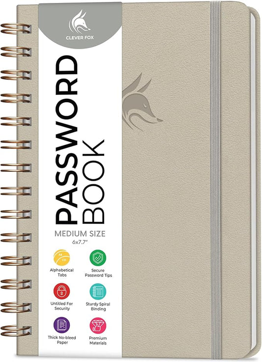 Clever Fox Password Book Spiral – Internet Address & Password Organizer with Laminated Alphabetical Tabs – Password Keeper Journal – Hardcover, Medium Size, 6.1x7.7” (Foggy Alps)