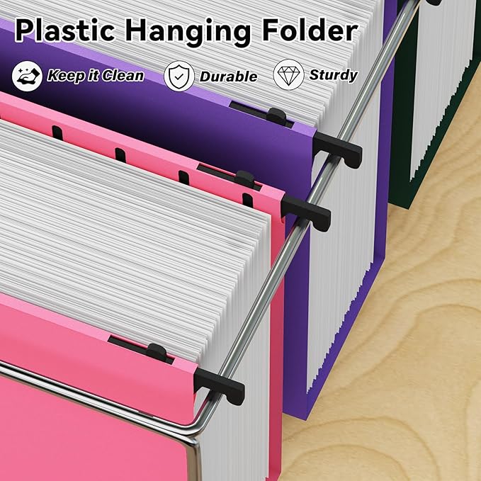ANSOOK Plastic Hanging File Folders Letter Size, 3 Inch Reinforce Expanding File Folder,12 Pack File Cabinet Folders,Heavy Duty Hanging File Organizer,File Folders Hanging with Tabs