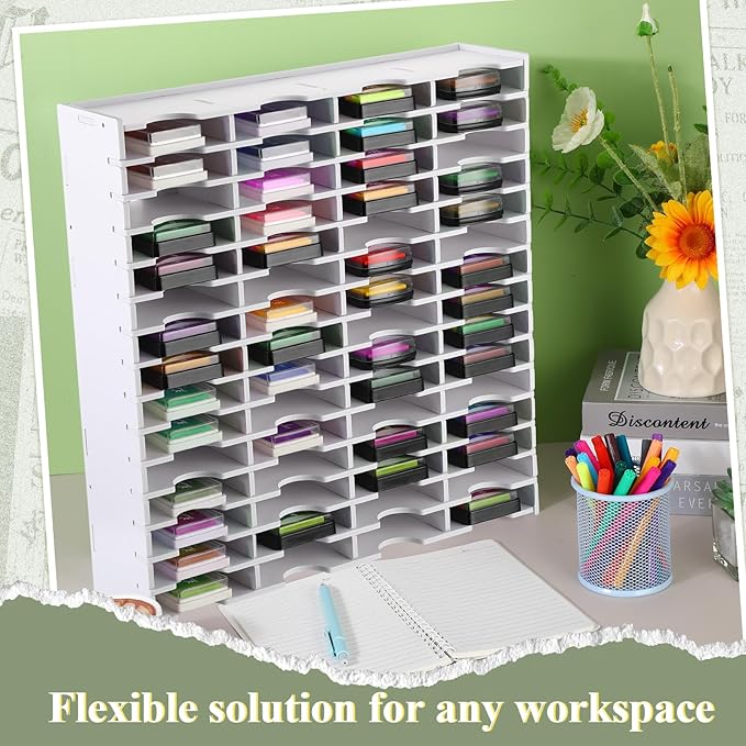 Sunnychicc 1 Pack 60 Grids Ink Pad Storage Holder Stamp Organizer, Ink Pad Stamp Holder Storage Rack for Home Office Crafts School Supplies, White