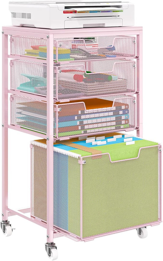 Sbanmao 4 Drawer Rolling File Cart Under Desk Storage, File Cabinets for Home Office, Mobile Filing Cabinet, Hanging File Organizer with Wheels, Utility Cart Printer Stand, Pink (Patent Pending)