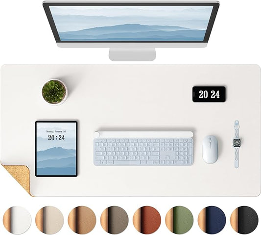 Aothia Dual-Sided Desk Pad - Leather Desk Mat, Natural Cork Desk Pad Protector, Large Mouse Pad for Desk, Waterproof Desk Blotter Pad, Desk Writing Pad for Office Work/Home, Off-White (25.6"x13.7")