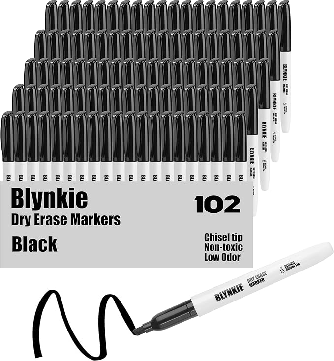 Blynkie dry erase markers — chisel-tip black whiteboard markers, bulk 102-pack