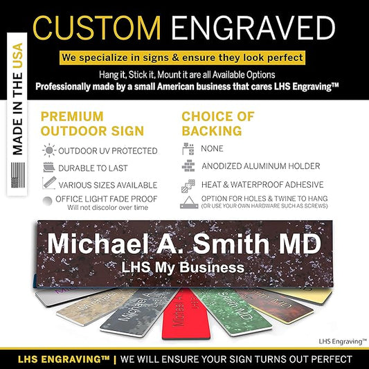 Custom Name Plate with Choice of Mounting for Walls, Doors, Cubicles, Hanging and More - Personalized Canberry Marble Plastic White Letters - USA Made 2x12 - S5