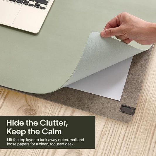 Nordik Felt and Leather Desk Mat - Willow Haze Sage - 35x17 Inch Felt and Vegan Leather Desk Blotter with Document Hideaway - Large Computer Mats for Desktop - Ideal Keyboard Mat for Office and Home