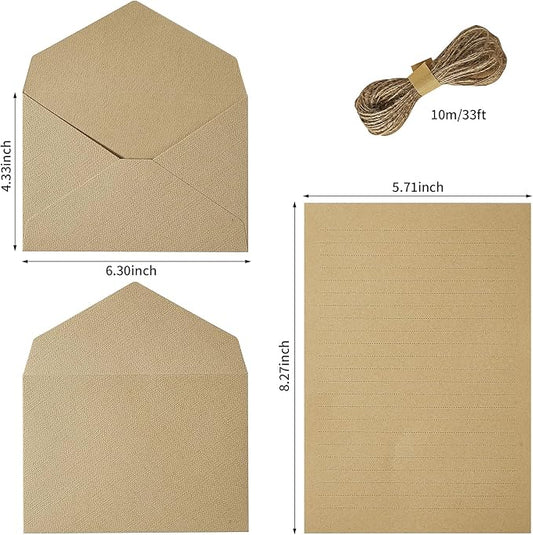 Tuhangcc Stationery Writing Paper and Envelopes Set with Jute Rope 4 X 6 for Writing Letter, (20 Best Paper with 10 Heavyweight envelopes),by Better Gift Office Products(Brown)