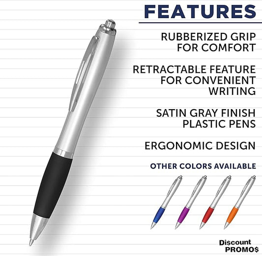 DISCOUNT PROMOS Ballpoint Pens With Rubber Grip, 10 pack, Black Ink Writing Pens in Bulk, Black