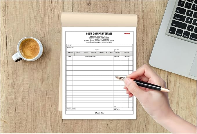 Custom Carbonless Invoice Book with Logo, Personalized Cover & Inner Pages, 2 Part NCR Receipt & Work Order Forms, Easy Tear, Writing Shield for Small Business (2-Part [White/Blue], 7.48 x 5.12INCH)