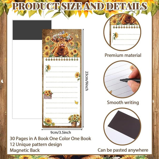 Eaasty 12 Pcs Highland Cattle Magnetic Notepads for Refrigerator Highland Cow Monthly Magnetic Grocery List 9 x 3.5 Magnet Memo Pads 30 Sheet Per Pad Shopping to Do List for January to December