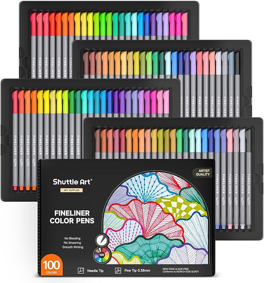 Shuttle Art Fineliner Pens, 100 Colors 0.38mm Fineliner Color Pen Set Fine Line Drawing Pen Fine Point Markers Perfect for Adult Coloring Books Drawing and Journal Art Projects