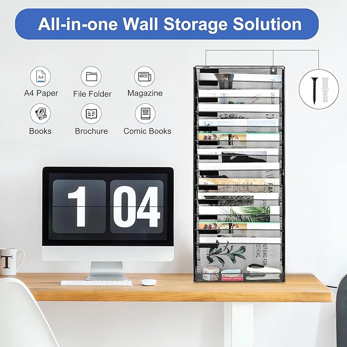 EasyPAG Wall File Holder 14 Tier Mesh Hanging Folder Organizer... (Black)