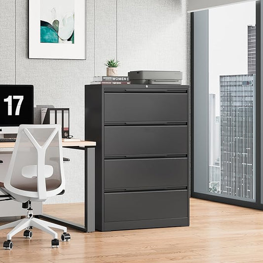 Bestoo 4-Drawer File Cabinet with Lock, Metal Filing Cabinet for Home Office, Lateral Filing Storage Cabinets, Fits File Folders, Letter/Legal/F4/A4 Sizes, Assembly Required (Black)