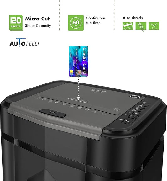 Aurora Professional Grade AU125MA 120-Sheet Auto Feed High-Security Micro-Cut Paper Shredder/60 Minutes/Security Level P-5