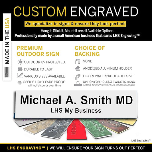 Custom Name Plate with Choice of Mounting for Walls, Doors, Cubicles, Hanging and More - Personalized White Plastic Black Letters - USA Made 2x12 - B16