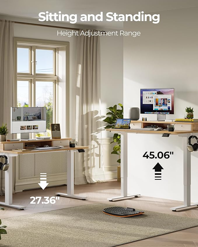 FEZIBO 48 x 24 Inch Height Adjustable Electric Standing Desk with Double Drawer, Stand up Home Office Computer Desk with 4 Height-Adjustable Feets & 2 Hooks,Maple