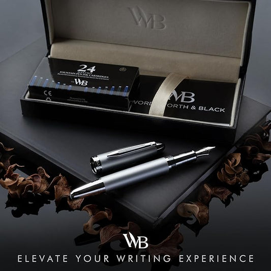 Wordsworth & Black Majesti Fountain Pen-(Silver), Luxury Case, 24K Gold Finish; 18K Gilded Medium Nib- Ink Cartridges, Refillable Ink Converter-Calligraphy Pen-Best Business Gift Set for Men & Women