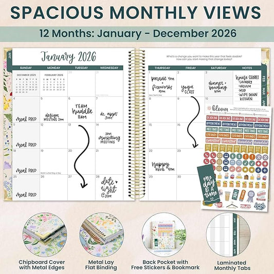 bloom daily planners 2026 Hardcover Calendar Year Goal & Vision Planner (January to December) - Monthly & Weekly Agenda Organizer - 7.5" x 9" - Garden Party, Beige
