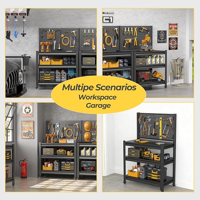 PLMFJQK 2 Sets Storage Shelves with Pegboard,Heavy Duty Garage Shelving Units and Storage,Metal Shelving Adjustable Shelves,Garage Storage Rack,Industrial Utility Shelf 47.2" H*33.46" W*18" D