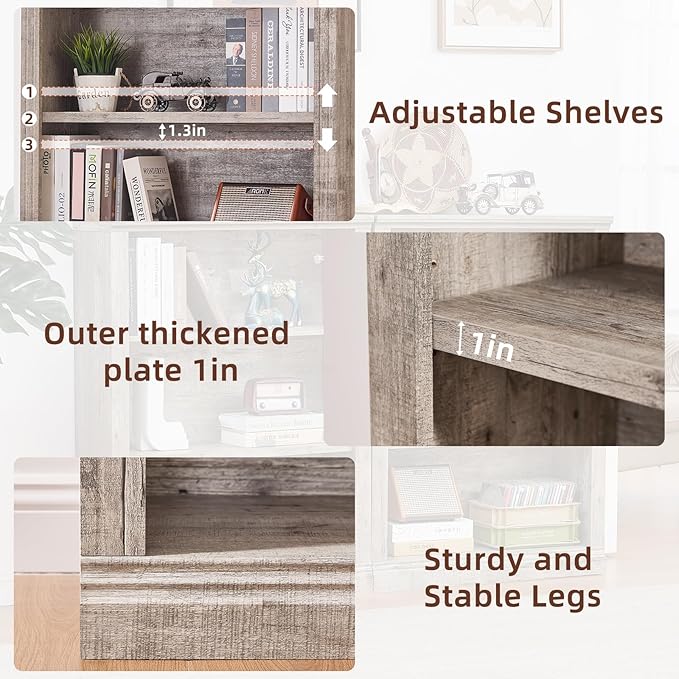RWYHG 43" Grey Tall Bookshelf Set of 2,3-Tier Thick Wooden Book Shelf with Adjustable Shelves,Free Standing Farmhouse Bookcase with Open Display Storage,Floor Vintage Bookshelves for Living Room