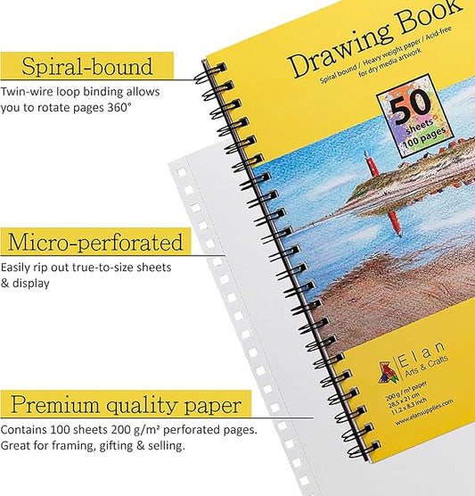 Elan A4 Drawing Book, 50 Sheets Italian Paper 90 lb/200 GSM, Acid-Free Sketch Book 11.7x8.3 Inch, White Drawing Paper Pad, A4 Sketchbook Spiral Bound