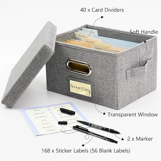 Remowith Greeting Card Organizer and Storage Box with 20 Pcs Adjustable Dividers, Storing Cards with 84 Pcs Labels Perfect for Storing Greeting Cards, Envelopes, Photos 2 Pack Grey