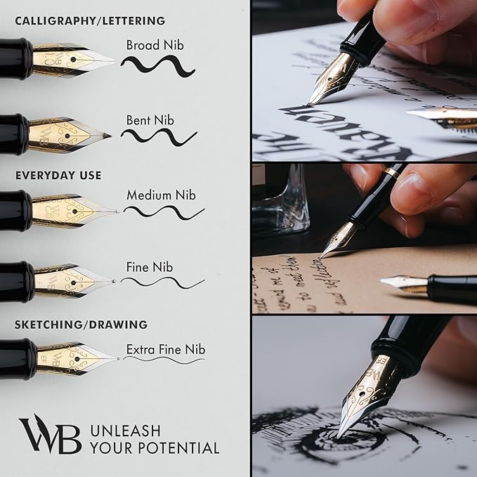 Wordsworth & Black Fountain Pen Kit, 18K Medium Gold Nib, Includes 24 Ink Cartridges, Ink Refill Converter and Gift Box, Gold Finish, Calligraphy, [Golden Brown]