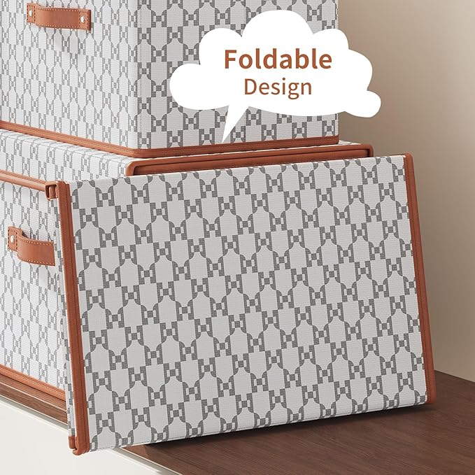Tuza 2 Pack Fabric Storage Bins with Lids, Collapsible Closet Organizer Container, Decorative Storage Boxes with Lids for Organizing Clothes, Blanket, Grey & White, Extra Large