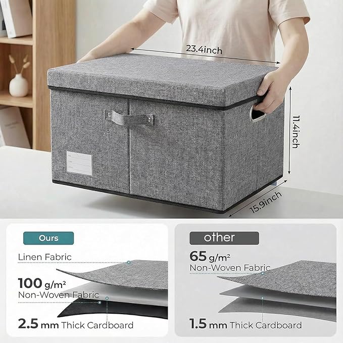 PRANDOM Storage Bins with Lids [3-Pack] Linen Fabric Foldable Storage... (Grey..