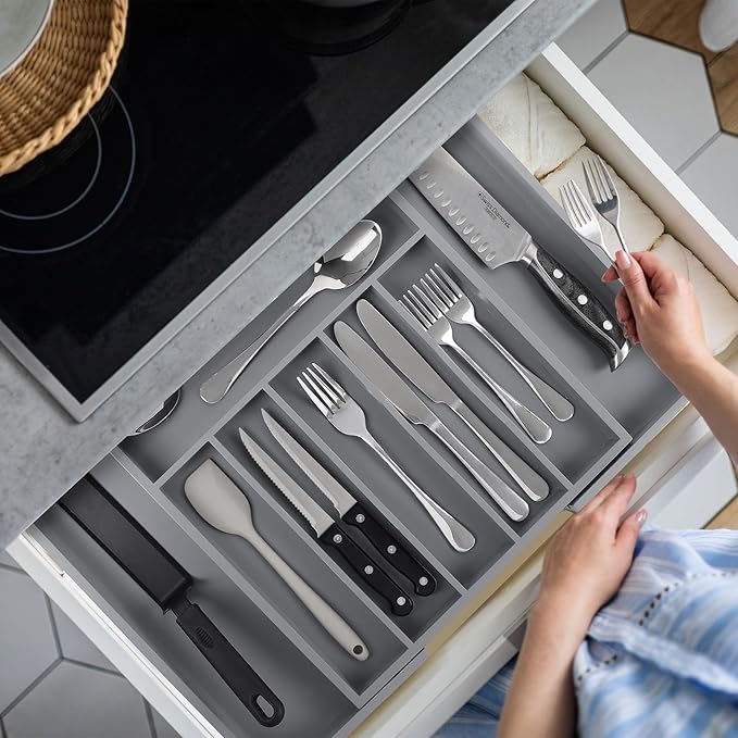 oridom Large Premium Bamboo Silverware Organizer - Expandable Drawer Organizer & Utensil Organizer - 17"x19.7" Cutlery Tray with Dividers for Kitchen Utensils and Flatware (7-9 Slots) (Grey)