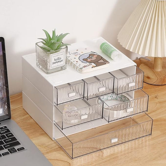 Ykpoqir Desk Organizer Stackable Storage with 6 Drawers Stackable Drawers for Desk Storage, Makeup Storage Accessories, Desktop Accessories with Drawers, White