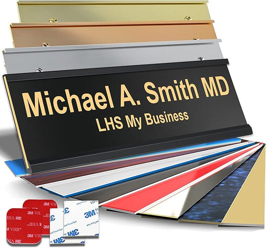 Custom Name Plate with Choice of Mounting for Walls, Doors, Desk Holders, Cubicles, Hanging and More - Personalized Gloss Black Plastic Gold Letters - USA Made 2x8 - B3