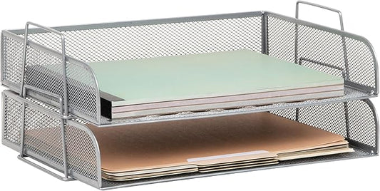 Mind Reader Stackable Paper Tray, Desktop Organizer, File Storage, Office, Metal Mesh, 13.25" L x 9.75" W x 6.25" H, 2 Pcs., Silver