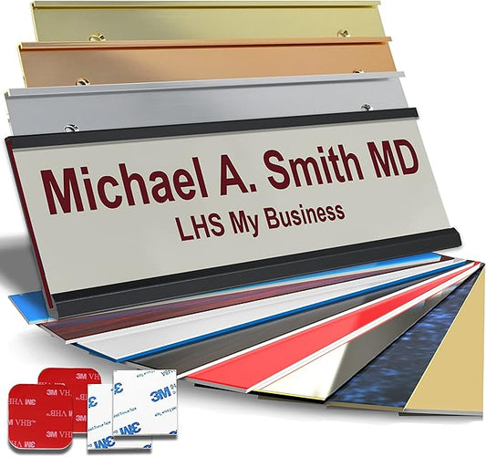 Personalized Name Plate with Choice of Mounting Holders for Walls, Doors, Cubicles, Hanging and More - Custom Light Gray Plastic Burgundy Letters - USA Made 2x6 - B21