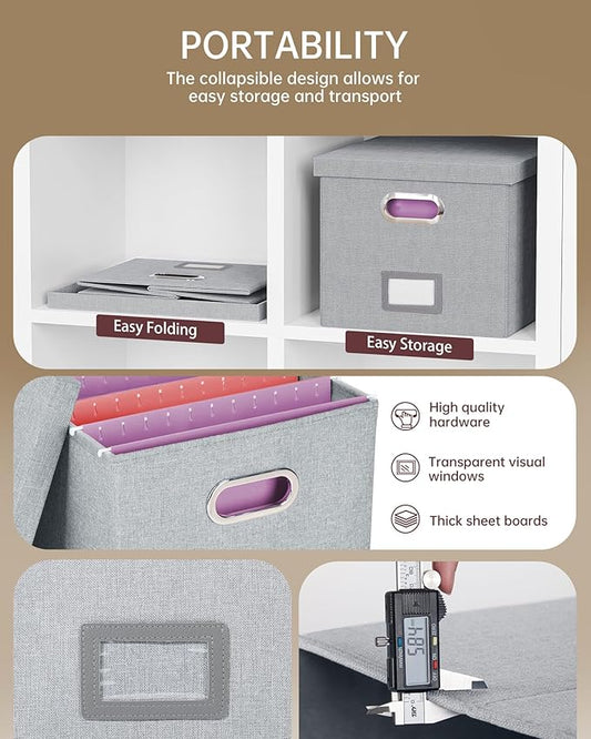 2 Pack File Storage Organizer, Filing Box, Portable File Box with Lid, Fit for Letter/Legal File Folder Storage, Document Organizer, Gray-White