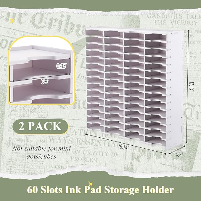 Sunnychicc 2 Pack 60 Grids Ink Pad Storage Holder Stamp Organizer, Ink Pad Stamp Holder Storage Rack for Home Office Crafts School Supplies, White