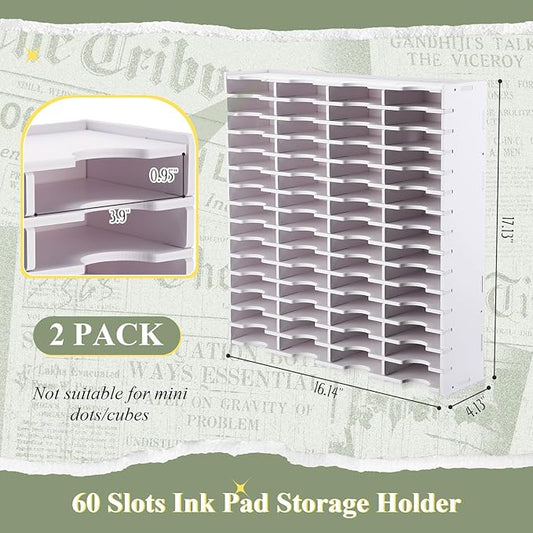 Sunnychicc 2 Pack 60 Grids Ink Pad Storage Holder Stamp Organizer, Ink Pad Stamp Holder Storage Rack for Home Office Crafts School Supplies, White