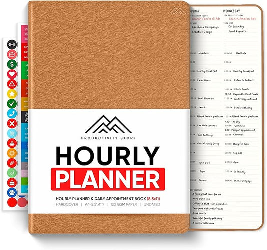 PRODUCTIVITY STORE hourly planner and appointment book in brown leather cover — A4 size with 30-minute time slots