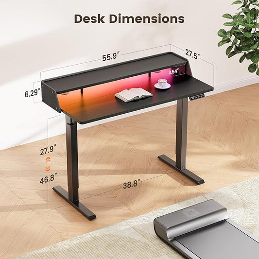 ErGear Standing Desk with LED Strip, 55″ x 28″ Electric Height Adjustable RGB Gaming Table with Shelf, Sit Stand Desk with Dual Cable Holes, C-Clamp Mount Compatible, 4 Preset Heights, Black