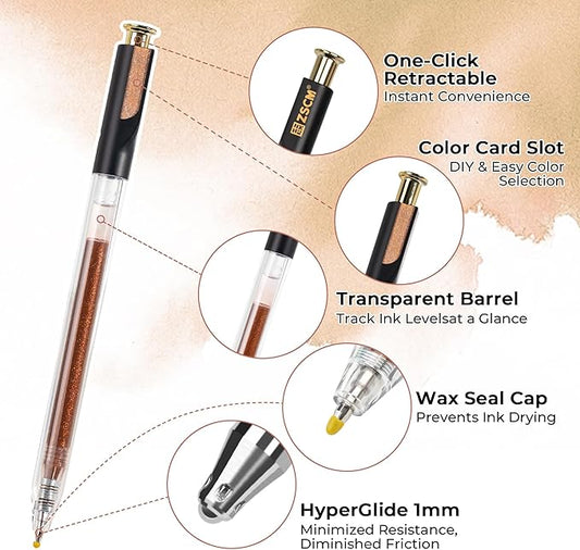 Retractable Glitter Gel Pens, 12 Colors Large Capacity Skin Tone Glitter Metallic Gel Ink Pens, 1 mm Fine Point Smooth Writing Color Pens for Adult Coloring Book Note Taking Aesthetic Art Supplies