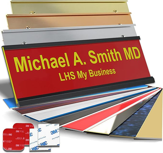 Custom Name Plate for Doors, with Choice of Mounting Holders for Walls, Doors, Cubicles, Hanging and More - Personalized Red Plastic Yellow Letters - USA Made 2x6 - B22