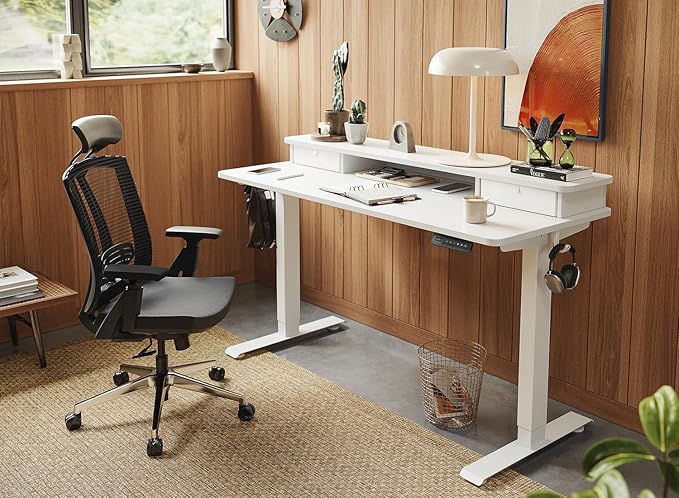FEZIBO 48 x 24 Inch Height Adjustable Electric Standing Desk with Double Drawer, Computer Desk, Home Office Stand Up Table with 4 Height-Adjustable Feets & 2 Hooks, White