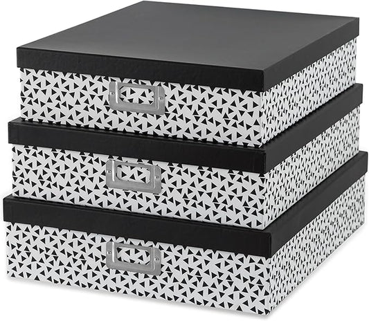 Soul & Lane Decorative Storage Boxes With Lids, Set of 3 Nesting Black and White Letter and Document Box Set for Photos, Scrapbooks, Keepsakes (Whimsical Triangles)