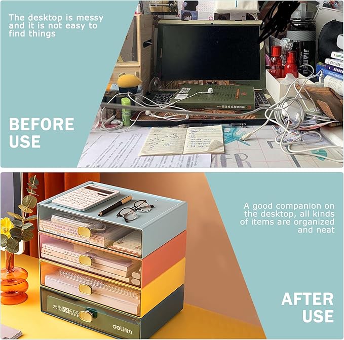 DETEIN Stackable Desk Drawer Organizer 13''x9''x3.3'' Desktop Paper Organizer for Printer Paper File Office Drawer Organizer Box Clear Storage Drawer for Stationery, School, Dorm(Yellow,L-1 Drawer)
