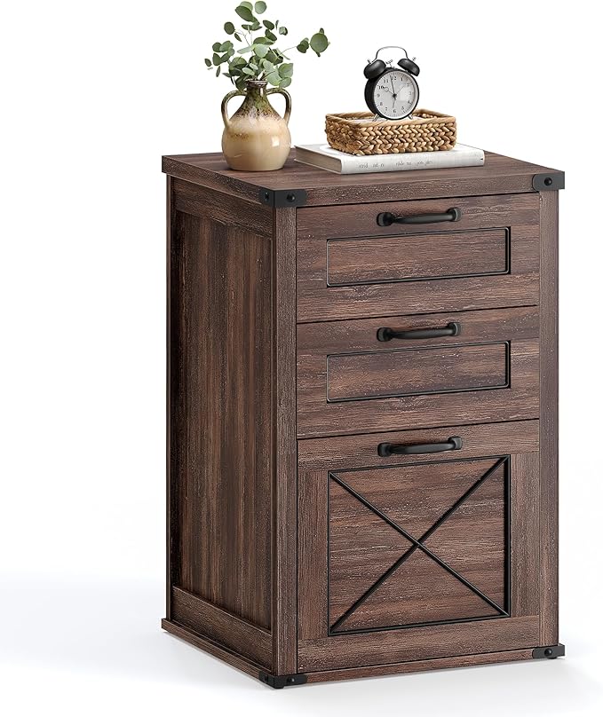 VASAGLE File Cabinet, Filing Cabinet with 3 Drawers, Printer Stand, Fit A4, Letter Size, Hanging File Folders, Modern Farmhouse Style, for Home Office, Maroon Brown UOFC054K02