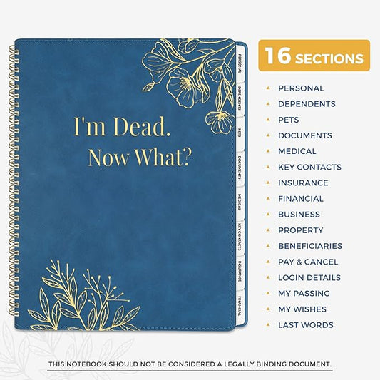 SUNEE End of Life Planner - I‘m Dead Now What Planner, Large Print Spiral-Bound Estate Organizer with Tabs for Seniors & Family. Covers Final Wishes, Passwords & Funeral Planning.A4（9"x11.2"), Blue