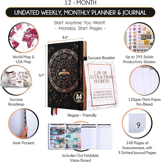 Life Planner - Undated Weekly & Monthly Planner, 12-Month Journey to Increase Productivity | Gratitude Journal, Life Organizer & Goal Journal | Include Foldable Vision Board, Habit Tracker & Stickers