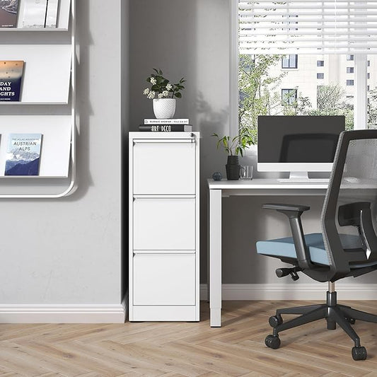 FLIXELIO 3 Drawer File Cabinet with Lock,Metal Vertical Filing Cabinets for Home Office,Heavy Duty File Storage Cabinet for Letter/Legal/A4/F4 Size File,Assembly Require (White, Vertical 3 Drawer)