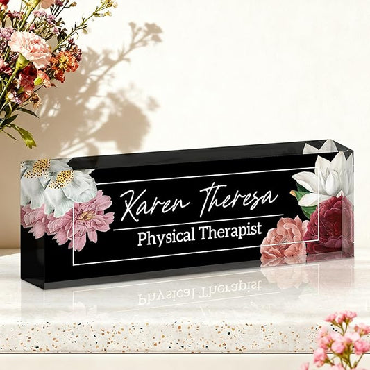 Ship Next Day-Custom Name Plate for Desk, Desk Name Plate Personalized, Acrylic Office Desk Accessories, Appreciation Gifts for Coworkers Employee Teachers Boss Women Men (Hibiscus Flower)