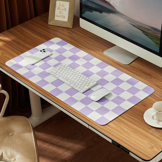 Ohocut Checkered Desk Mat, 31.5" x 15.7" Large Cute Purple Aesthetic Retro Girl Women Accessories, PU Leather Computer Laptop Mat Mouse Keyboard Pad, Desk Writing Makeup Mat for Vanity/Work/Home Decor